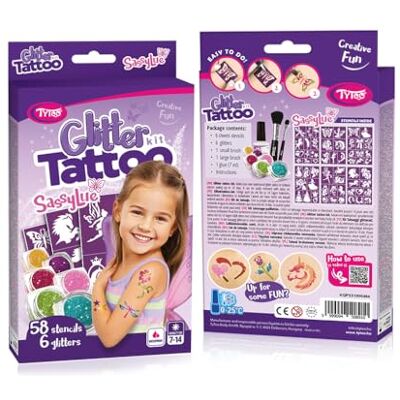 Tytoo SassyLue Set van 58 sjablonen en 3 glitterkleuren voor kinderen, huidvriendelijk, waterdicht en dermatologisch getest, creatieve make-upset voor verjaardag, feest en festival Tytoo SassyLue Set van 58 sjablonen en 3 glitterkleuren voor kinderen, huidvriendelijk, waterdicht en dermatologisch getest, creatieve make-upset voor verjaardag, feest en festival