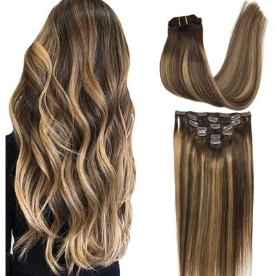 GOO GOO Clip-in extensies van echt haar, 45 cm, 120 g, 7 stuks, 4/27/4 bruinblond GOO GOO Clip-in extensies van echt haar, 45 cm, 120 g, 7 stuks, 4/27/4 bruinblond