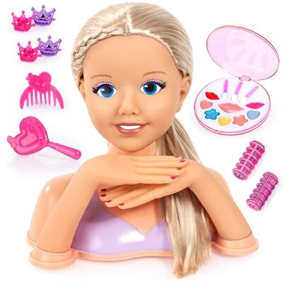 Bayer Design Hoofd voor styling en make-up met handen, 25 cm Haaraccessoires voor blond haar, make-up, beweegbare handen, voor creatief spelen vanaf 3 jaar Bayer Design Hoofd voor styling en make-up met handen, 25 cm Haaraccessoires voor blond haar, make-up, beweegbare handen, voor creatief spelen vanaf 3 jaar