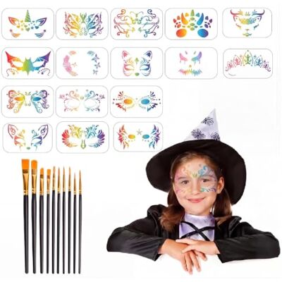 WOFEU 26 stuks gezichtsschildersjablonen, herbruikbaar, gezichtsschildersjablonen, tijdelijke tatoeages voor lichaamsschilderen, sjablonen met 10 tekenpennen, voor kinderen, Halloween, WOFEU 26 stuks gezichtsschildersjablonen, herbruikbaar, gezichtsschildersjablonen, tijdelijke tatoeages voor lichaamsschilderen, sjablonen met 10 tekenpennen, voor kinderen, Halloween,