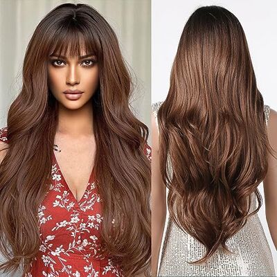 testar Lange bruine pruiken voor vrouwen, golvende bruine ombre pruik met pony, donkere wortels, krullend haar, hittebestendige synthetische pruik voor dagelijks gebruik op feestjes testar Lange bruine pruiken voor vrouwen, golvende bruine ombre pruik met pony, donkere wortels, krullend haar, hittebestendige synthetische pruik voor dagelijks gebruik op feestjes