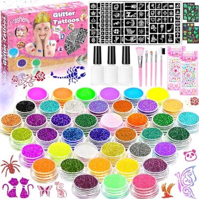 Frasheng Tattooset met pailletten voor kinderen, tijdelijke tatoeages, 41 glitterkleuren, 136 sjablonen, 218 strassteentjes, niet-giftige tijdelijke glittertattoo-make-upset, voor carnaval, cadeau voor meisjes Frasheng Tattooset met pailletten voor kinderen, tijdelijke tatoeages, 41 glitterkleuren, 136 sjablonen, 218 strassteentjes, niet-giftige tijdelijke glittertattoo-make-upset, voor carnaval, cadeau voor meisjes