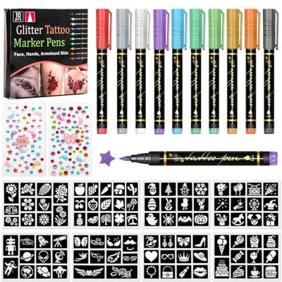 ZUPAPJO Tattoo-markeerstiften voor kinderen, 10 stuks, 8 sjablonen, 94 sjablonen, voor meisjes, jongens, Halloween, verjaardag ZUPAPJO Tattoo-markeerstiften voor kinderen, 10 stuks, 8 sjablonen, 94 sjablonen, voor meisjes, jongens, Halloween, verjaardag