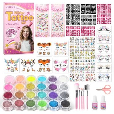 WECUTE Glittertatoeages voor meisjes, 24 kleuren, 141 tattoo-sjablonen, glittertatoeages voor kinderen, ideaal voor Halloween, muziekfestival, carnavalsfeest WECUTE Glittertatoeages voor meisjes, 24 kleuren, 141 tattoo-sjablonen, glittertatoeages voor kinderen, ideaal voor Halloween, muziekfestival, carnavalsfeest