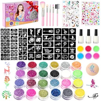 WECUTE , Make-upset met glitter en tatoeages, 30 kleuren, 189 sjablonen, 5 penselen, 3 lijmen, cadeau voor jongens en meisjes WECUTE , Make-upset met glitter en tatoeages, 30 kleuren, 189 sjablonen, 5 penselen, 3 lijmen, cadeau voor jongens en meisjes