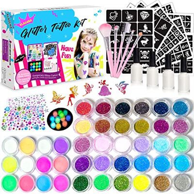 KLAGENA Glittertattooset, tijdelijke tatoeages met 42 kleuren, 219 sjablonen, 214 strassstenen, 5 penselen, 4 lijmen, tijdelijke glittertattooset voor kinderen, cadeau voor meisjes van 4, 5, 6, 7, 8, 9, 10, 11 jaar KLAGENA Glittertattooset, tijdelijke tatoeages met 42 kleuren, 219 sjablonen, 214 strassstenen, 5 penselen, 4 lijmen, tijdelijke glittertattooset voor kinderen, cadeau voor meisjes van 4, 5, 6, 7, 8, 9, 10, 11 jaar