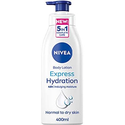 NIVEA Express Hydration Body Lotion (400 ml), snel absorberende vochtinbrengende crème voor droge huid, gemaakt met diep hydraterend serum en zeemineralen, bodylotion voor gladde huid NIVEA Express Hydration Body Lotion (400 ml), snel absorberende vochtinbrengende crème voor droge huid, gemaakt met diep hydraterend serum en zeemineralen, bodylotion voor gladde huid
