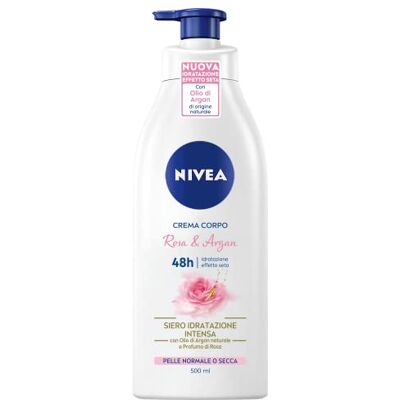 NIVEA Body Cream Rose et Argan Pump 500 ml verzachtende lichaamscrème voor normale en droge huid, hydraterende lichaamscrème met arganolie en rozengeur NIVEA Body Cream Rose et Argan Pump 500 ml verzachtende lichaamscrème voor normale en droge huid, hydraterende lichaamscrème met arganolie en rozengeur