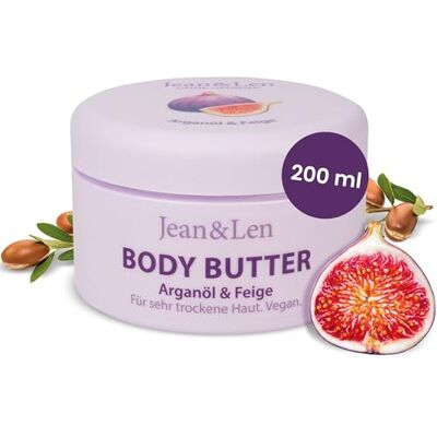 Jean & Len Kalmerende lichaamsboter met argan- en vijgenolie, ideale pH-waarde voor de huid, met rustgevende vijgengeur, lichaamsboter, zonder parabenen en siliconen, 200 ml (verpakking kan variëren) Jean & Len Kalmerende lichaamsboter met argan- en vijgenolie, ideale pH-waarde voor de huid, met rustgevende vijgengeur, lichaamsboter, zonder parabenen en siliconen, 200 ml (verpakking kan variëren)