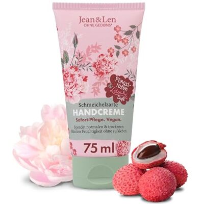 Jean & Len Handcrème met pioenroos en lychee, hydrateert normale en droge handen, met provitamine B5, sheaboter en cacaoboter, veganistische handverzorging, vrij van parabenen en Jean & Len Handcrème met pioenroos en lychee, hydrateert normale en droge handen, met provitamine B5, sheaboter en cacaoboter, veganistische handverzorging, vrij van parabenen en