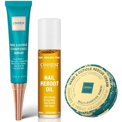ONSEN Nail & Cuticle Rescue Kit Conditioner serum, reparatie-olie en nagelriembalsem Tsubaki, sheaboter, jojoba versterkt nagels, verzacht nagelriemen, hydrateert de huid (15 ml serum + 10 ml ONSEN Nail & Cuticle Rescue Kit Conditioner serum, reparatie-olie en nagelriembalsem Tsubaki, sheaboter, jojoba versterkt nagels, verzacht nagelriemen, hydrateert de huid (15 ml serum + 10 ml