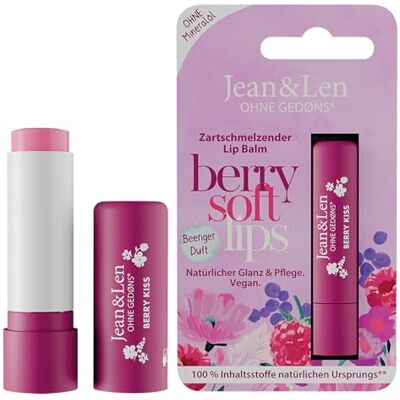 Jean & Len Berry Lippenbalsem, beschermt de huid van de lippen tegen uitdrogen, met natuurlijke was, met bessengeur, zacht smeltende lippenverzorging, zonder palm en minerale olie, 4,7 g Jean & Len Berry Lippenbalsem, beschermt de huid van de lippen tegen uitdrogen, met natuurlijke was, met bessengeur, zacht smeltende lippenverzorging, zonder palm en minerale olie, 4,7 g