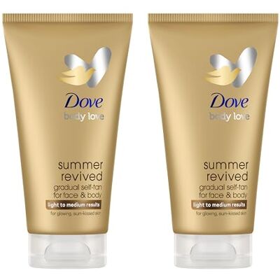 Dove Summer Revived Licht tot Medium Geleidelijk Bronzende Lotion voor Gezicht en Lichaam met aloë vera en glycerine voor een geleidelijke, zongekuste teint en zijdezachte huid, 2 x 75 ml. Dove Summer Revived Licht tot Medium Geleidelijk Bronzende Lotion voor Gezicht en Lichaam met aloë vera en glycerine voor een geleidelijke, zongekuste teint en zijdezachte huid, 2 x 75 ml.