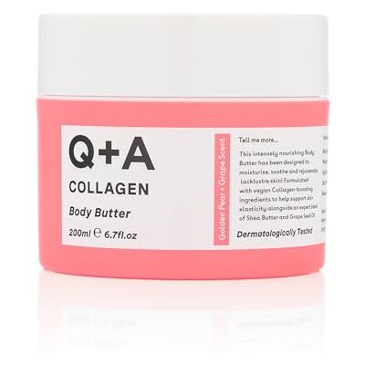 Q+A Collagen Body Butter: luxe en rijke lichaamsboter, ultra-hydraterende veganistische formule met gehydrolyseerd plantaardig eiwit, sheaboter, squalaan en geur van gouden peer en druiven, 200 ml Q+A Collagen Body Butter: luxe en rijke lichaamsboter, ultra-hydraterende veganistische formule met gehydrolyseerd plantaardig eiwit, sheaboter, squalaan en geur van gouden peer en druiven, 200 ml