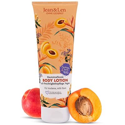 Jean & Len Verstevigende bodylotion met abrikozenpitolie & Q10, voor droge en rijpe huid, geeft bij regelmatig gebruik een gladde en soepele huid, zonder parabenen en Jean & Len Verstevigende bodylotion met abrikozenpitolie & Q10, voor droge en rijpe huid, geeft bij regelmatig gebruik een gladde en soepele huid, zonder parabenen en