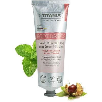 TITANIA Urea Voetcrème, 10% hydraterend, rustgevend en versterkend met paardenkastanje, sorbitol en vitamine E, veganistisch, natuurlijke cosmetica, microplasticvrij, 75 ml, gemaakt in TITANIA Urea Voetcrème, 10% hydraterend, rustgevend en versterkend met paardenkastanje, sorbitol en vitamine E, veganistisch, natuurlijke cosmetica, microplasticvrij, 75 ml, gemaakt in