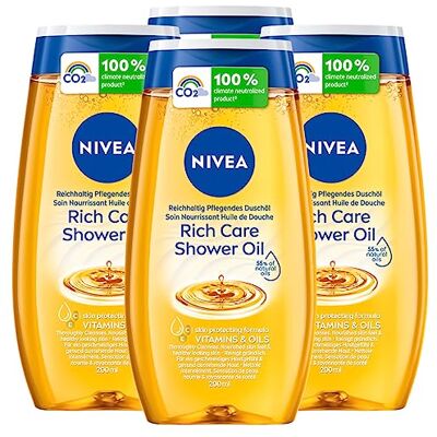 NIVEA Douche Olie Rich Care verzorgende lichaamsreiniger, biologisch afbreekbare formule met hydraterende en beschermende werking met natuurlijke oliën en vitamine C en E voor de droge huid, 4 x 200 ml flessen NIVEA Douche Olie Rich Care verzorgende lichaamsreiniger, biologisch afbreekbare formule met hydraterende en beschermende werking met natuurlijke oliën en vitamine C en E voor de droge huid, 4 x 200 ml flessen