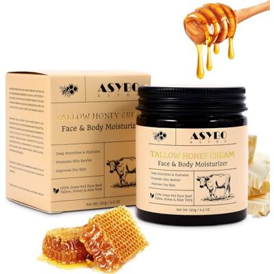 ASYBO Rundervet met honing 120 g, rundervetcrème voor gezicht en lichaam, natuurlijke honing en aloë vera, hydraterende en diep voedende verzorging, lichaamscrème ASYBO Rundervet met honing 120 g, rundervetcrème voor gezicht en lichaam, natuurlijke honing en aloë vera, hydraterende en diep voedende verzorging, lichaamscrème