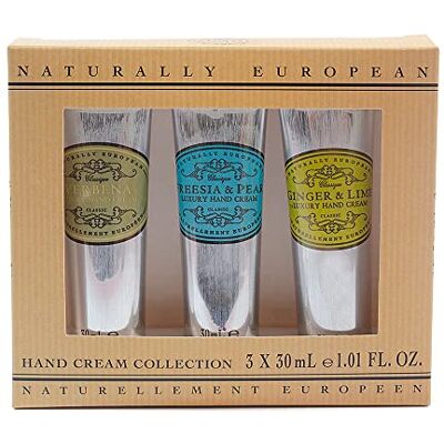 AAA DE AROMAS ARTESANALES DE ANTIGUA Naturally European Handcrème geschenkset, gember en limoen, verene, freesia en peer, 3 x 30 ml AAA DE AROMAS ARTESANALES DE ANTIGUA Naturally European Handcrème geschenkset, gember en limoen, verene, freesia en peer, 3 x 30 ml
