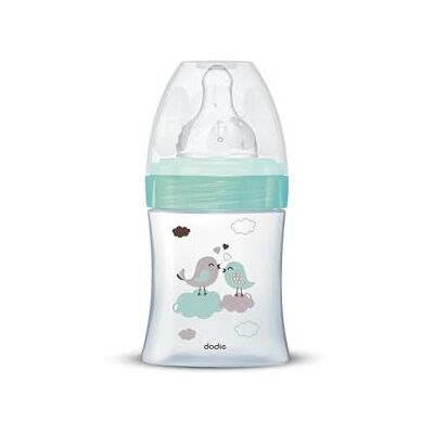 Dodie Anti-koliek Initiatie fles + glas, vogelgroen, 150 ml, 0-6 maanden, ronde speen, debiet 1 Dodie Anti-koliek Initiatie fles + glas, vogelgroen, 150 ml, 0-6 maanden, ronde speen, debiet 1