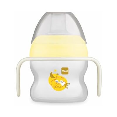 MAM Leerbeker vanaf 4 maanden, 150 ml, asymmetrische schenktuit van siliconen, gemakkelijk te accepteren, met handgrepen die oplichten in het donker, neutraal, 1 stuk MAM Leerbeker vanaf 4 maanden, 150 ml, asymmetrische schenktuit van siliconen, gemakkelijk te accepteren, met handgrepen die oplichten in het donker, neutraal, 1 stuk