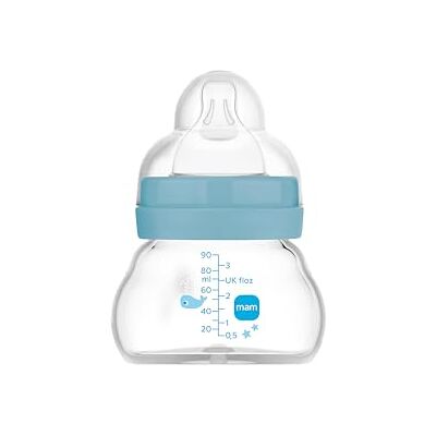 MAM 1 x glazen babyfles voor pasgeborenen, 0 maanden, 90 ml, met 0 extra langzame debiet van siliconen, gemakkelijk te reinigen, Feel Good, blauw MAM 1 x glazen babyfles voor pasgeborenen, 0 maanden, 90 ml, met 0 extra langzame debiet van siliconen, gemakkelijk te reinigen, Feel Good, blauw