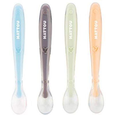 Nattou Siliconen lepels voor kinderen, 4 stuks, lengte 16 cm, met transportdoos voor 1 lepel, BPA-vrij, siliconen, meerkleurig Nattou Siliconen lepels voor kinderen, 4 stuks, lengte 16 cm, met transportdoos voor 1 lepel, BPA-vrij, siliconen, meerkleurig
