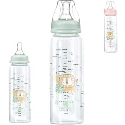 Kikka Boo Kikkaboo Savanna Glazen babyfles 240 ml, siliconen fopspeen maat M, anti-koliek, kleur: groen Kikka Boo Kikkaboo Savanna Glazen babyfles 240 ml, siliconen fopspeen maat M, anti-koliek, kleur: groen