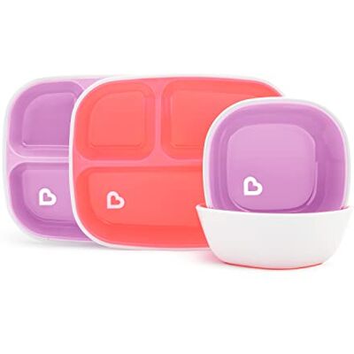 Munchkin Splash borden met 3 vakken en kom, roze/violet, 4 stuks Munchkin Splash borden met 3 vakken en kom, roze/violet, 4 stuks