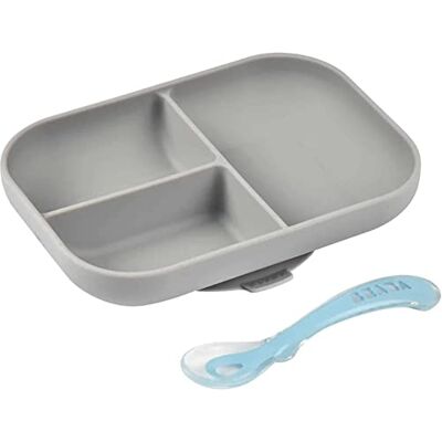 Béaba , Babymaaltijdset met zuignap, antislip, siliconen bord met vakken + lepel, gezond en duurzaam, vaatwasmachinebestendig, magnetronbestendig, vriezer, onderhoudsvriendelijk, grijs Béaba , Babymaaltijdset met zuignap, antislip, siliconen bord met vakken + lepel, gezond en duurzaam, vaatwasmachinebestendig, magnetronbestendig, vriezer, onderhoudsvriendelijk, grijs