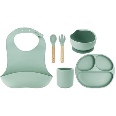 Momi AMI 6-delig tafelservies voor kinderen met bestek, slabbetje, lepel, vork, bord, kom 360 ml, mok 180 ml, gemaakt van siliconen, vaatwasser- en magnetronbestendig Momi AMI 6-delig tafelservies voor kinderen met bestek, slabbetje, lepel, vork, bord, kom 360 ml, mok 180 ml, gemaakt van siliconen, vaatwasser- en magnetronbestendig