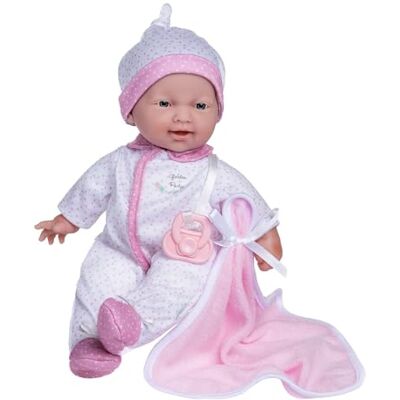 JC TOYS La Baby pop, 28 cm, zacht en wasbaar lichaam, deken en fopspeen, wit en roze gestippeld, ontworpen in Spanje, +12 maanden JC TOYS La Baby pop, 28 cm, zacht en wasbaar lichaam, deken en fopspeen, wit en roze gestippeld, ontworpen in Spanje, +12 maanden