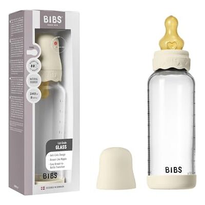 Bibs Boheme Baby Glass Bottle. Anti-koliek. Ronde punt van natuurlijk rubberlatex, bevordert natuurlijke borstvoeding ivoor Bibs Boheme Baby Glass Bottle. Anti-koliek. Ronde punt van natuurlijk rubberlatex, bevordert natuurlijke borstvoeding ivoor