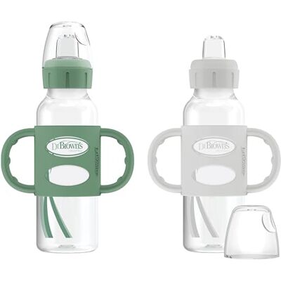 Dr. Brown's Milestones Set van 2 smalle overgangsflessen met siliconen handgrepen, 250 ml, groen en grijs, 6 m + Dr. Brown's Milestones Set van 2 smalle overgangsflessen met siliconen handgrepen, 250 ml, groen en grijs, 6 m +