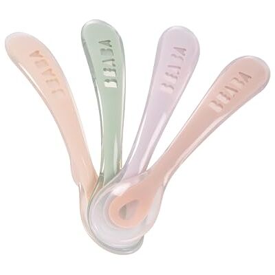 Béaba Siliconen lepel voor baby's en kinderen, 2e fase, vanaf 12 maanden, zacht, afgeronde punt, ergonomische handgreep, nachtblauw/roze/lichtgrijst/lichtgroen, 4 stuks Béaba Siliconen lepel voor baby's en kinderen, 2e fase, vanaf 12 maanden, zacht, afgeronde punt, ergonomische handgreep, nachtblauw/roze/lichtgrijst/lichtgroen, 4 stuks