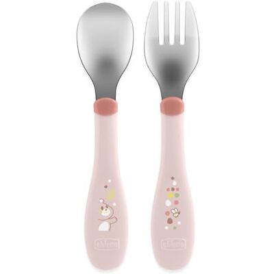 Chicco Bestek van roestvrij staal, kinderbestek, gekookte set, vork en lepel voor kinderen, van roestvrij staal, gemakkelijk te dragen, eerste buff, 2-delig, 18 M, roze Chicco Bestek van roestvrij staal, kinderbestek, gekookte set, vork en lepel voor kinderen, van roestvrij staal, gemakkelijk te dragen, eerste buff, 2-delig, 18 M, roze