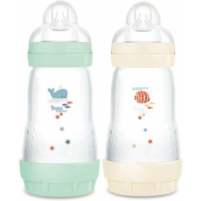 MAM Set van 2 Easy Start Anti-koliek babyflessen 2+ maanden gemiddelde doorstroming (2 x 260 ml) munt + katoen fles ter vermindering van koliek en ongemak van de baby babyfles geschikt voor borstvoeding MAM Set van 2 Easy Start Anti-koliek babyflessen 2+ maanden gemiddelde doorstroming (2 x 260 ml) munt + katoen fles ter vermindering van koliek en ongemak van de baby babyfles geschikt voor borstvoeding