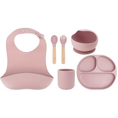 Momi AMI 6-delig tafelservies voor kinderen met bestek, slabbetje, lepel, vork, bord, kom 360 ml, mok 180 ml, gemaakt van siliconen, vaatwasser- en magnetronbestendig Momi AMI 6-delig tafelservies voor kinderen met bestek, slabbetje, lepel, vork, bord, kom 360 ml, mok 180 ml, gemaakt van siliconen, vaatwasser- en magnetronbestendig