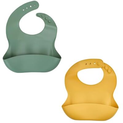 Thermobaby Set van 2 slabbetjes van zachte siliconen voor baby's met opvangzak verstelbaar en gemakkelijk te reinigen ideaal voor maaltijden, praktisch en waterdicht (cactusgroen en honinggeel) Thermobaby Set van 2 slabbetjes van zachte siliconen voor baby's met opvangzak verstelbaar en gemakkelijk te reinigen ideaal voor maaltijden, praktisch en waterdicht (cactusgroen en honinggeel)