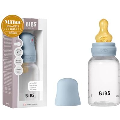 Bibs Babyfles, 150 ml, 1 stuk, fopspeen van natuurlijk latex, babyblauw Anti-koliek, langzame stroom, BPA-vrije kunststof, geschikt voor borstvoeding, gemaakt in Denemarken Bibs Babyfles, 150 ml, 1 stuk, fopspeen van natuurlijk latex, babyblauw Anti-koliek, langzame stroom, BPA-vrije kunststof, geschikt voor borstvoeding, gemaakt in Denemarken