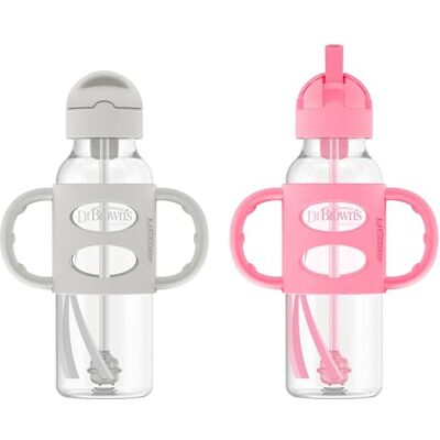 Dr. Brown's Sippy Rietfles met siliconen handgrepen, grijs en roze, 237 ml, 2 stuks Dr. Brown's Sippy Rietfles met siliconen handgrepen, grijs en roze, 237 ml, 2 stuks