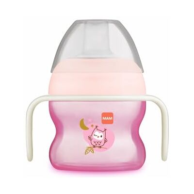 MAM Leerbeker vanaf 4 maanden, 150 ml, asymmetrische schenktuit van gemakkelijk aanvaardbare siliconen, met in het donker oplichtende handgrepen, roze, 1 stuk MAM Leerbeker vanaf 4 maanden, 150 ml, asymmetrische schenktuit van gemakkelijk aanvaardbare siliconen, met in het donker oplichtende handgrepen, roze, 1 stuk
