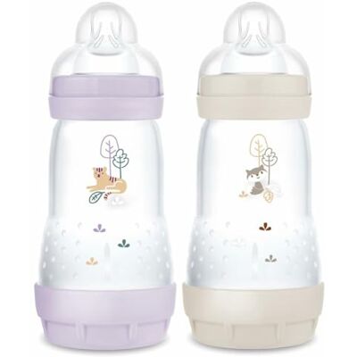MAM Set van 2 Easy Start Anti-koliek babyflessen 2 maanden gemiddelde doorstroming (2 x 260 ml) lila + zand fles ter vermindering van koliek en ongemak van de baby babyfles compatibel met borstvoeding MAM Set van 2 Easy Start Anti-koliek babyflessen 2 maanden gemiddelde doorstroming (2 x 260 ml) lila + zand fles ter vermindering van koliek en ongemak van de baby babyfles compatibel met borstvoeding