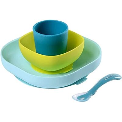 Béaba , Serviesset van siliconen voor baby's, met zuignap, antislip, 4-delig, bord + kom + glas + lepel, gezonde en duurzame siliconen, vaatwasmachinebestendig, magnetronbestendig, blauw Béaba , Serviesset van siliconen voor baby's, met zuignap, antislip, 4-delig, bord + kom + glas + lepel, gezonde en duurzame siliconen, vaatwasmachinebestendig, magnetronbestendig, blauw