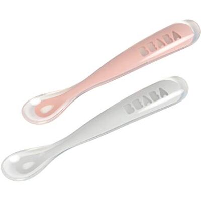 Béaba Baby Lepels Siliconen speenlepel Set van 2-1e etappe Met draagtas Roze Béaba Baby Lepels Siliconen speenlepel Set van 2-1e etappe Met draagtas Roze