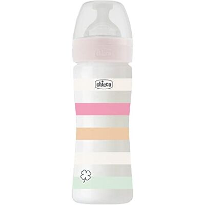 Chicco Wellness-fles met gemiddelde doorstroming, zachte en zachte siliconen fysio-speen, anti-kolieksysteem, vermindert oprispingen en prikkelbaarheid, plastic fles van 250 ml, vanaf 2 maanden, roze Chicco Wellness-fles met gemiddelde doorstroming, zachte en zachte siliconen fysio-speen, anti-kolieksysteem, vermindert oprispingen en prikkelbaarheid, plastic fles van 250 ml, vanaf 2 maanden, roze