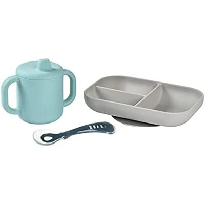 Béaba , Siliconen serviesset, babymaaltijden, 3-delig, borden met vakken + mok + lepel, gezonde en duurzame siliconen, vaatwasmachinebestendig, magnetron, blauw Béaba , Siliconen serviesset, babymaaltijden, 3-delig, borden met vakken + mok + lepel, gezonde en duurzame siliconen, vaatwasmachinebestendig, magnetron, blauw