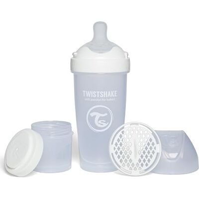 Twistshake Pro Dubbele anti-koliek fles met melkpoederhouder en mixer van 330 ml, siliconen fopspeen met snelle doorstroming, BPA-vrij, geschikt voor baby's vanaf 4 jaar, wit Twistshake Pro Dubbele anti-koliek fles met melkpoederhouder en mixer van 330 ml, siliconen fopspeen met snelle doorstroming, BPA-vrij, geschikt voor baby's vanaf 4 jaar, wit