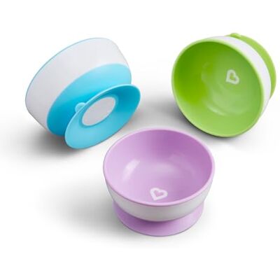 Munchkin kommen met zuignap, extra sterk, 3 stuks, paars/blauw/groen Munchkin kommen met zuignap, extra sterk, 3 stuks, paars/blauw/groen