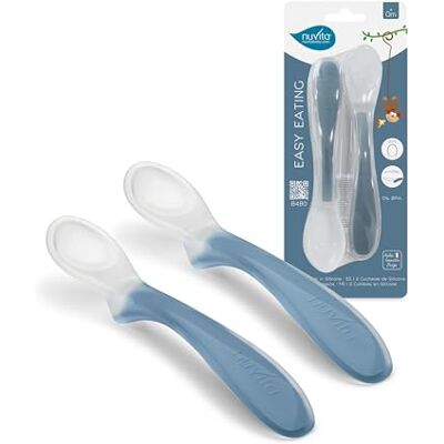 Nuvita 8480 Easy Eating set van 2 siliconen lepels voor kinderen zachte en veilige speenlepels ergonomische antislip handgreep hygiënisch design poederblauw Nuvita 8480 Easy Eating set van 2 siliconen lepels voor kinderen zachte en veilige speenlepels ergonomische antislip handgreep hygiënisch design poederblauw